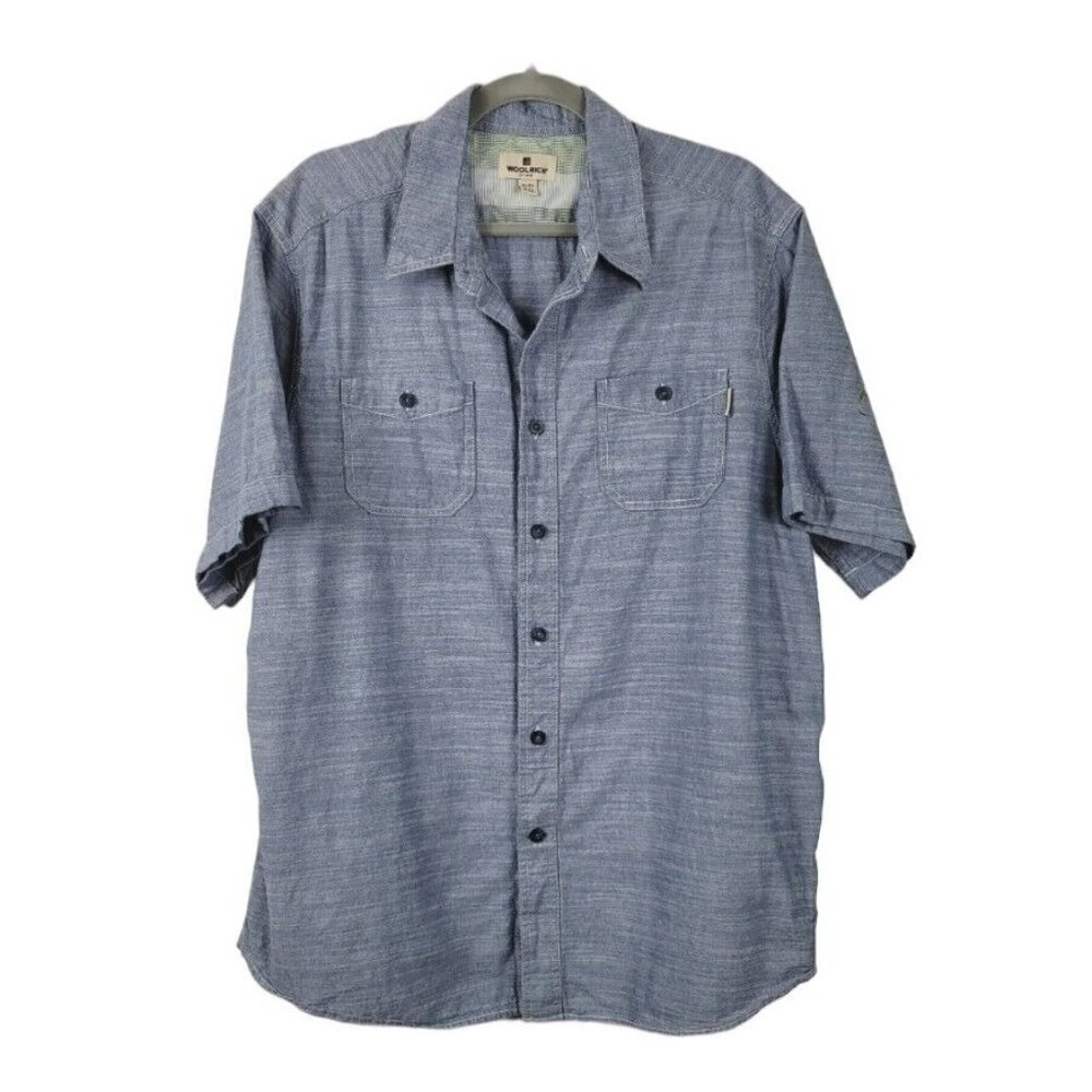 Woolrich Casual Button Down Shirt Blue XL Denim Look Chambray Short Sleeve